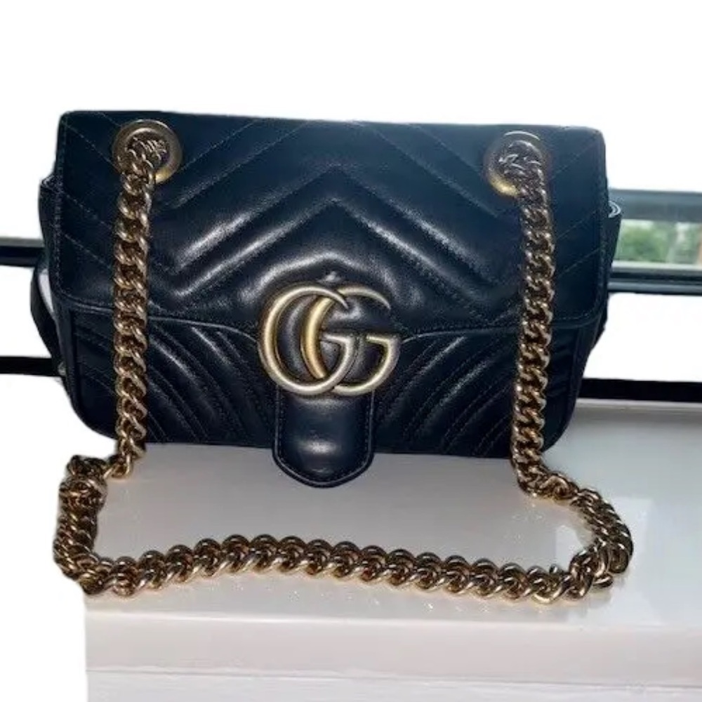 Gucci GG Marmont Gold Hardware Shoulder Bag Mini Black Leather